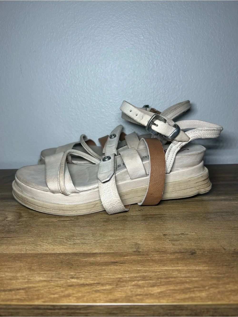 A.S.98 Neutral Beige Leather Strappy Ankle Tie Sandals